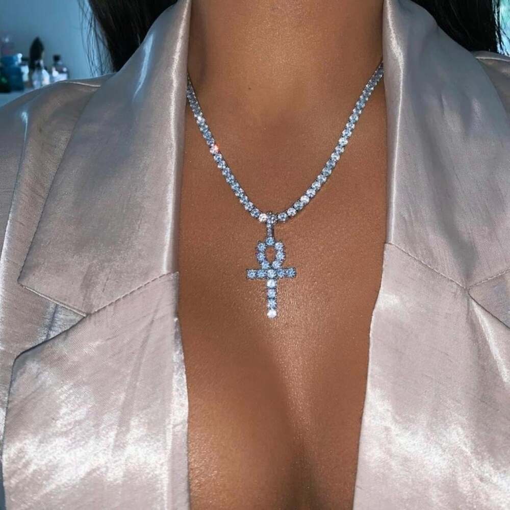 Tennis Ankh Cross Necklace 16 Inch silver